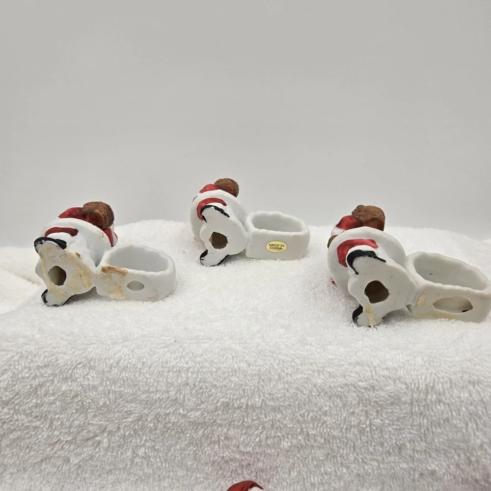 Vtg Santa Claus W/ Bag Candy Cane Ceramic Napkin Rings Hand Painted Set of 6